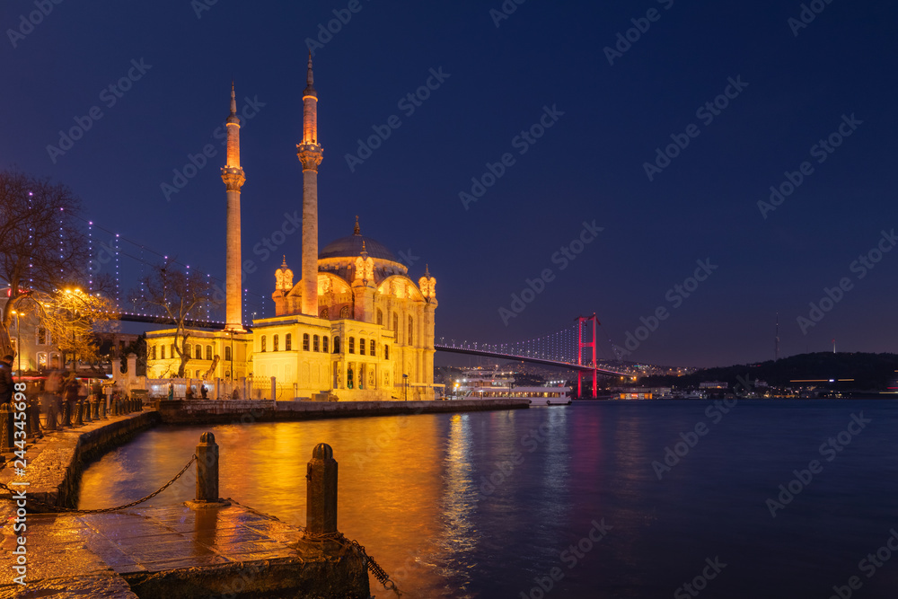 Ortakoy Mosque with Bosphorus Bridge in Istanbul after the sunset.