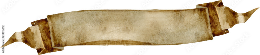 Watercolor vintage brown ribbon. Hand painted banners isolated on white background.
