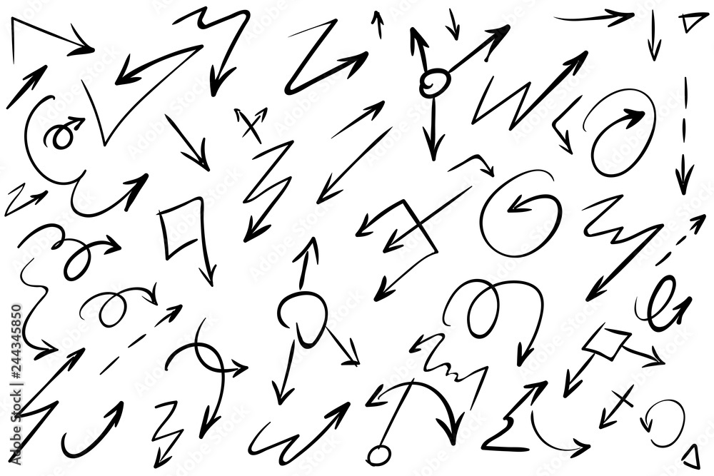 Arrow doodles vector. A set of simple sketches of arrows. Up, down, left, right ones. The effect of a pencil sketch isolated on white background. Vector eps 10. Arrow doodles vector. A set of simple sketches of arrows. Up, down, left, right ones. The effect of a pencil sketch isolated on white background. Vector eps 10.