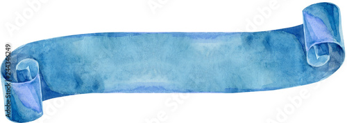 Watercolor vintage blue ribbon. Hand painted banners isolated on white background.