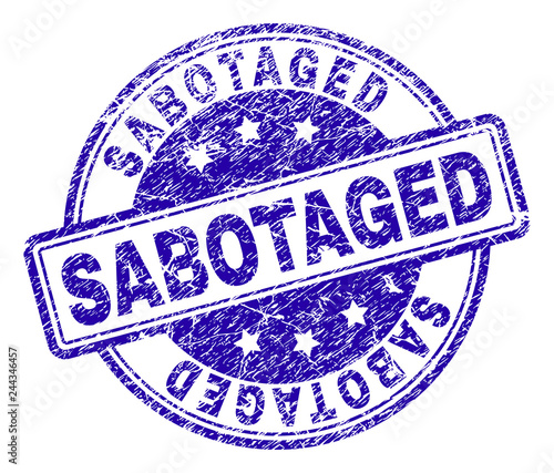 SABOTAGED stamp seal watermark with grunge effect. Designed with rounded rectangles and circles. Blue vector rubber print of SABOTAGED title with grunge texture.