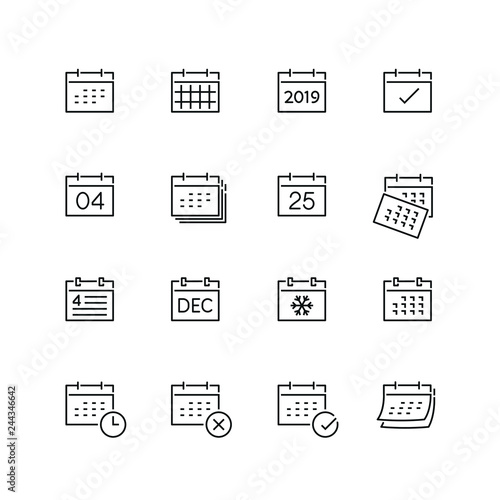 Calendar related icons: thin vector icon set, black and white kit