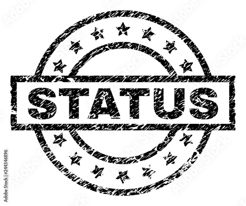 STATUS stamp seal watermark with distress style. Designed with rectangle, circles and stars. Black vector rubber print of STATUS tag with dirty texture.