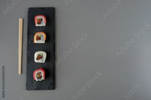 roll sushi with salmon, prawn, avocado, cream cheese. Sushi menu,