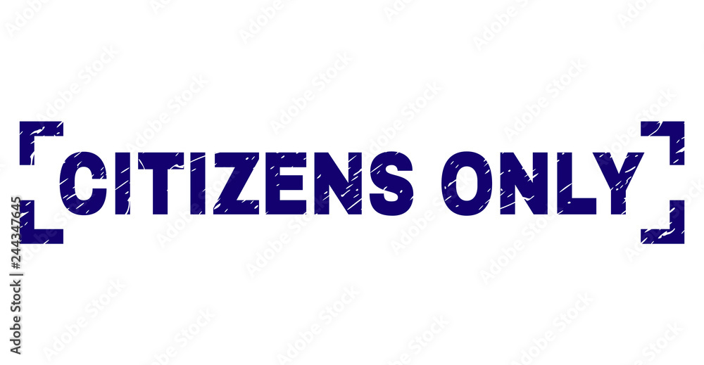 CITIZENS ONLY text seal print with corroded texture. Text caption is placed inside corners. Blue vector rubber print of CITIZENS ONLY with dirty texture.