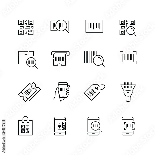 Qr code related icons: thin vector icon set, black and white kit