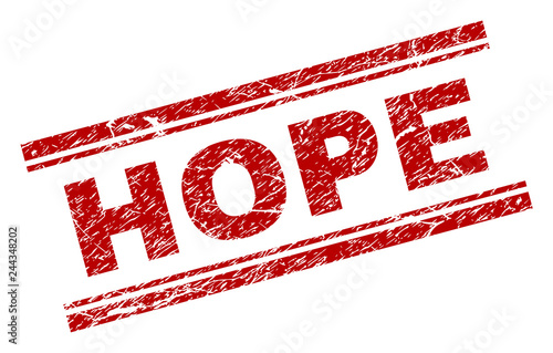 HOPE seal watermark with distress texture. Red vector rubber print of HOPE text with scratched texture. Text title is placed between double parallel lines.