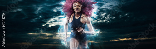 Woman marathon runner. Strong athletic sprinter  running on dark background wearing in sportswear. Energy fitness and sport motivation.