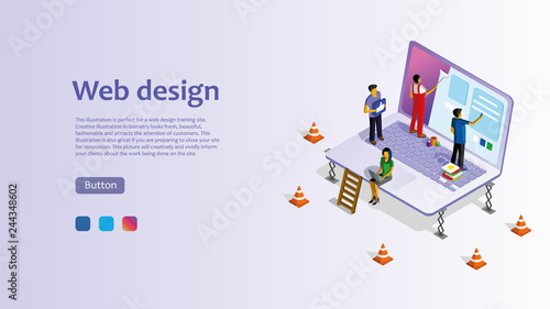 Template for website for web design. Isometric illustration with laptop, woman, man. Easy to edit and customize.