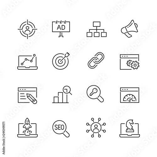 Seo related icons: thin vector icon set, black and white kit