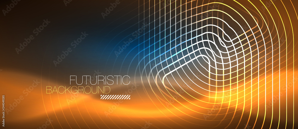 Neon glowing techno lines, hi-tech futuristic abstract background template with geometric shapes Neon glowing techno lines, hi-tech futuristic abstract background template with geometric shapes