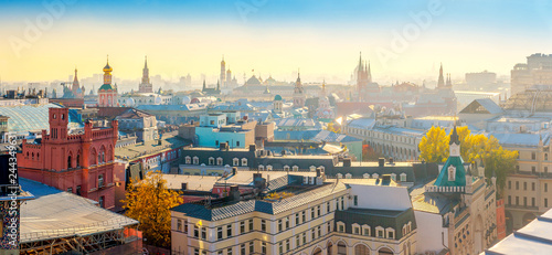 Panorama from above of evening Moscow, Moscow Kremlin and temples of the city. Russia