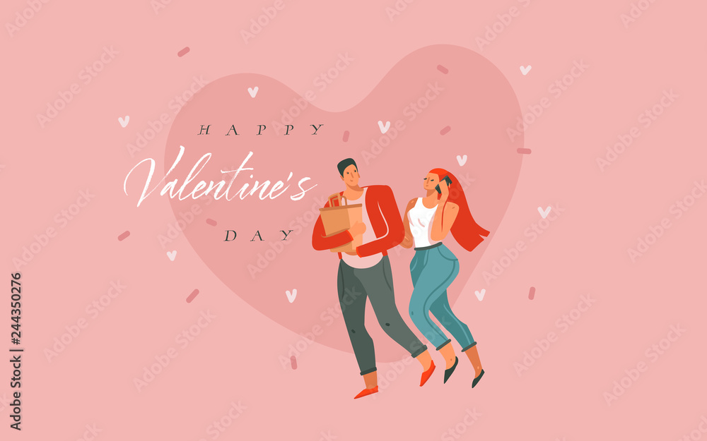 Hand drawn vector abstract cartoon modern graphic Happy Valentines concept illustrations art card with couple people together and Happy Valentines day text isolated on pink pastel background Hand drawn vector abstract cartoon modern graphic Happy Valentines concept illustrations art card with couple people together and Happy Valentines day text isolated on pink pastel background