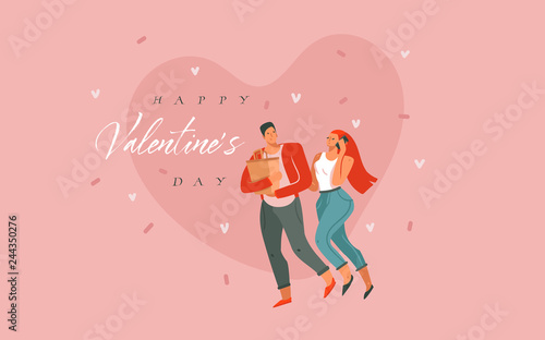 Hand drawn vector abstract cartoon modern graphic Happy Valentines concept illustrations art card with couple people together and Happy Valentines day text isolated on pink pastel background