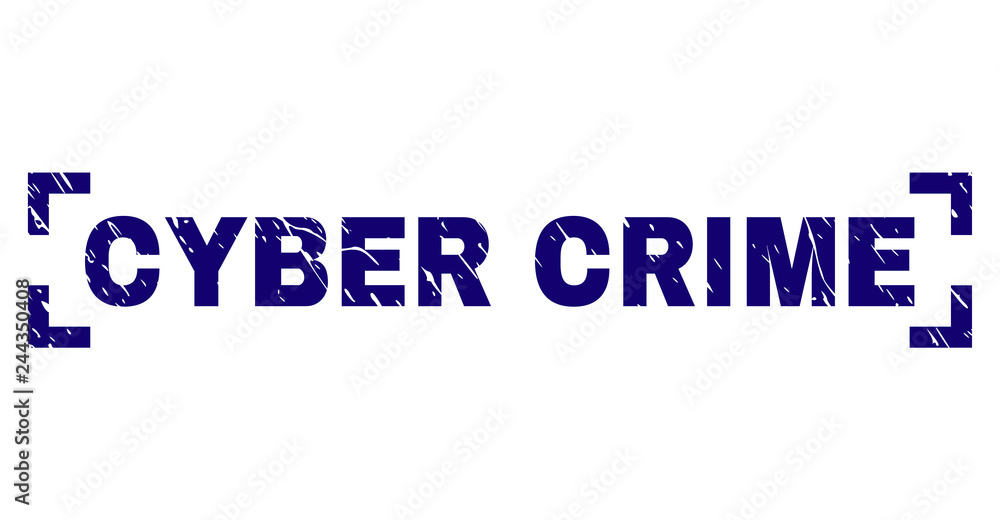 CYBER CRIME title seal print with distress style. Text title is placed inside corners. Blue vector rubber print of CYBER CRIME with unclean texture.