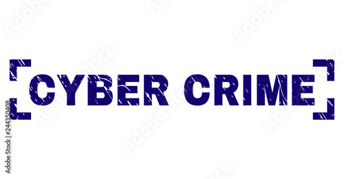 CYBER CRIME title seal print with distress style. Text title is placed inside corners. Blue vector rubber print of CYBER CRIME with unclean texture.