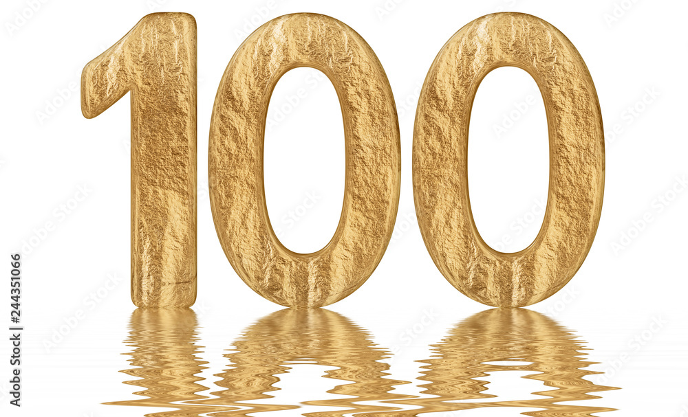 Numeral 100, one hundred, reflected on the water surface, isolated on white, 3d render Numeral 100, one hundred, reflected on the water surface, isolated on white, 3d render