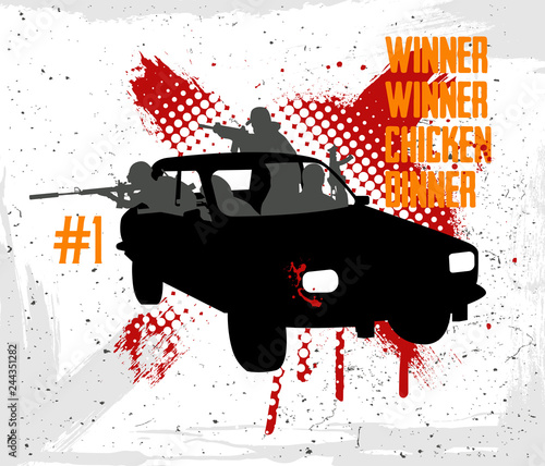 Squad rides by car and shoots.  Vector illustration grunge style