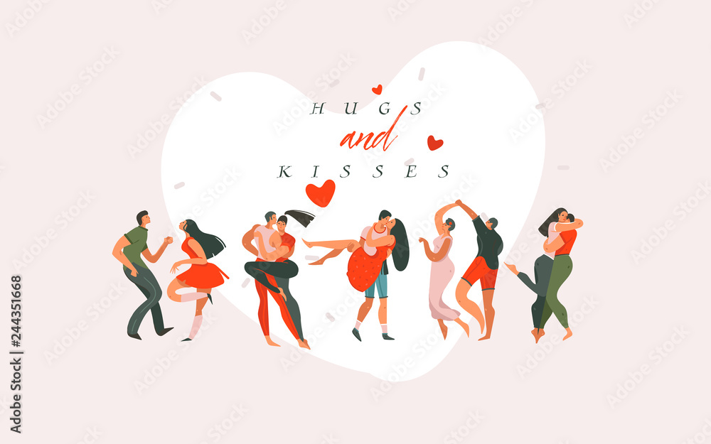 Hand drawn vector abstract cartoon modern graphic Happy Valentines day concept illustrations art card with dancing couples people together isolated on colored background Hand drawn vector abstract cartoon modern graphic Happy Valentines day concept illustrations art card with dancing couples people together isolated on colored background