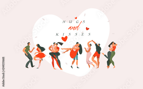Hand drawn vector abstract cartoon modern graphic Happy Valentines day concept illustrations art card with dancing couples people together isolated on colored background