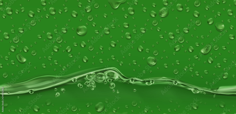 Drops. Green seamless pattern. 3d realistic vector - obrazy, fototapety, plakaty 