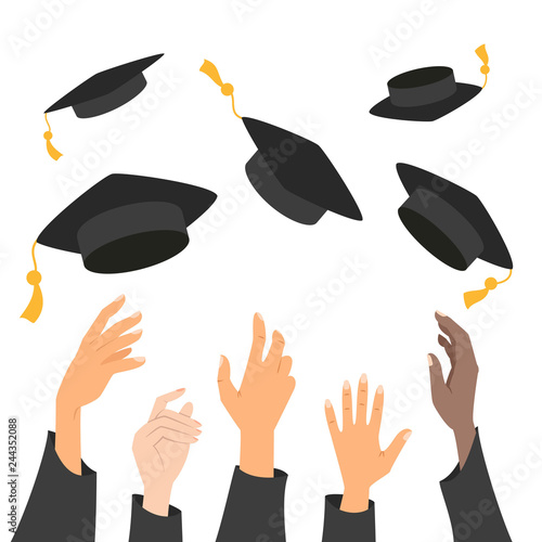 Concept of education, hands of graduates throwing graduation hats in the air.