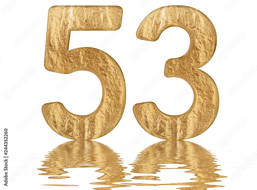 Numeral 53, fifty three, reflected on the water surface, isolated on white, 3d render Numeral 53, fifty three, reflected on the water surface, isolated on white, 3d render