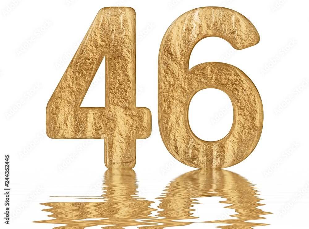 Numeral 46, forty six, reflected on the water surface, isolated on white, 3d render Numeral 46, forty six, reflected on the water surface, isolated on white, 3d render