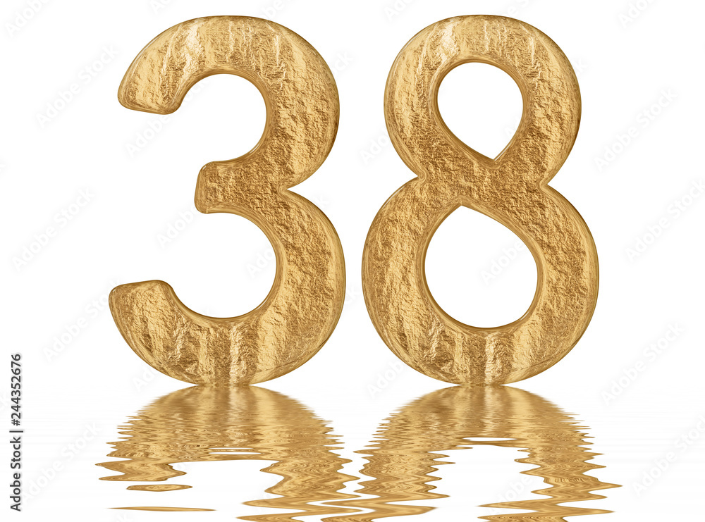 Numeral 38, thirty eight, reflected on the water surface, isolated on white, 3d render Numeral 38, thirty eight, reflected on the water surface, isolated on white, 3d render