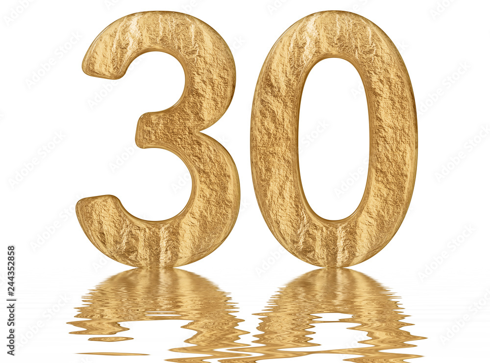 Numeral 30, thirty, reflected on the water surface, isolated on white, 3d render Numeral 30, thirty, reflected on the water surface, isolated on white, 3d render
