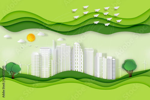 Paper art , cut and craft style of green eco urban city airplane paper flying building and nature cityscape background as Ecology design and environment creative idea concept. Vector illustration.