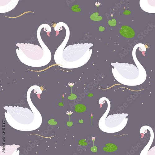 Seamless Pattern with white Swans and Water Lillies.