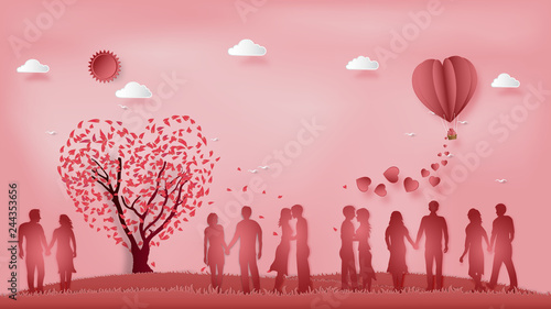 Paper art , cut and digital craft style of the lover with heart hot air balloon and sunny on pink sky background as romantic , married and honeymoon concept. vector illustration