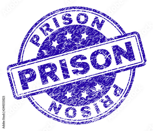 PRISON stamp seal imprint with grunge texture. Designed with rounded rectangles and circles. Blue vector rubber print of PRISON label with grunge texture.