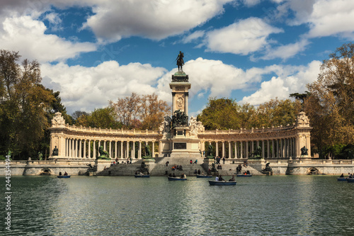 Autumn view of Monument to Alfonso XII in the Parque del Buen Retiro "Park of the Pleasant Retreat" in Madrid, Spain
