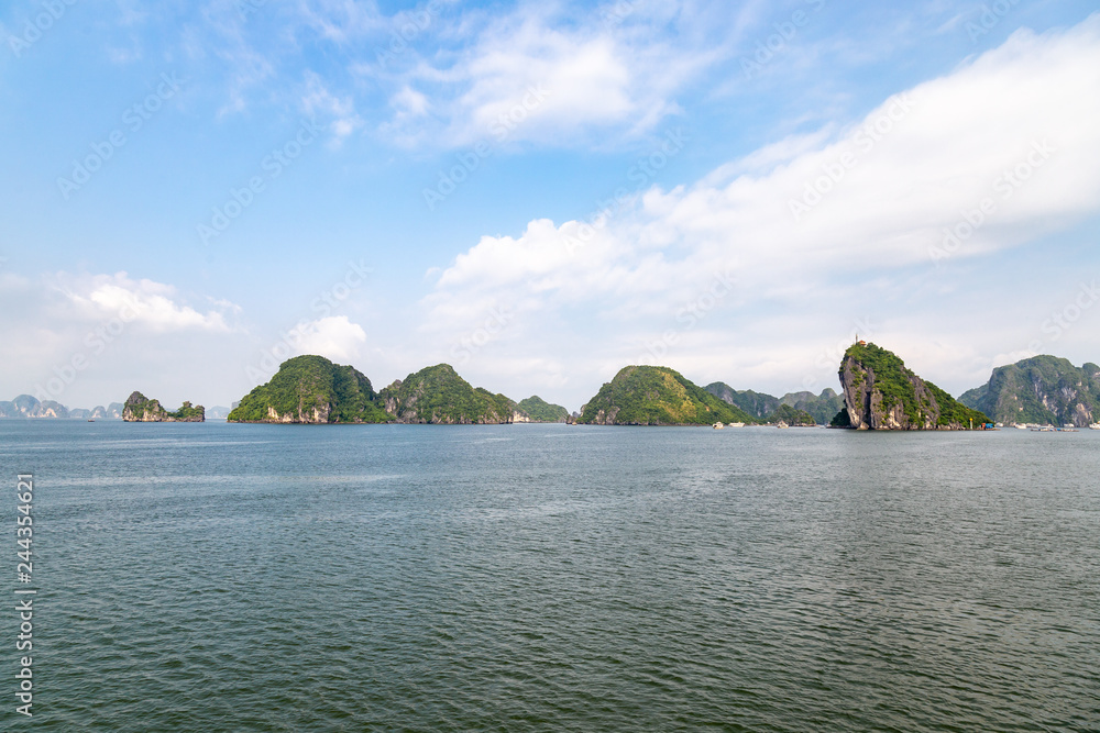 Karst formations in Halong Bay, Vietnam, in the gulf of Tonkin. Halong Bay is a UNESCO World Heritage Site and the most popular tourist spot in Vietnam