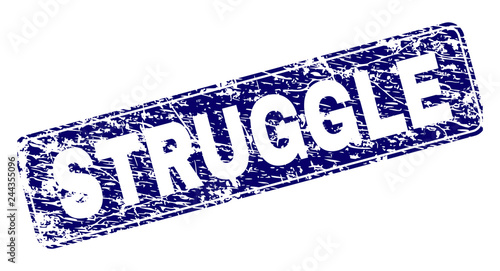 STRUGGLE stamp seal print with grunge style. Seal shape is a rounded rectangle with frame. Blue vector rubber print of STRUGGLE text with unclean style.