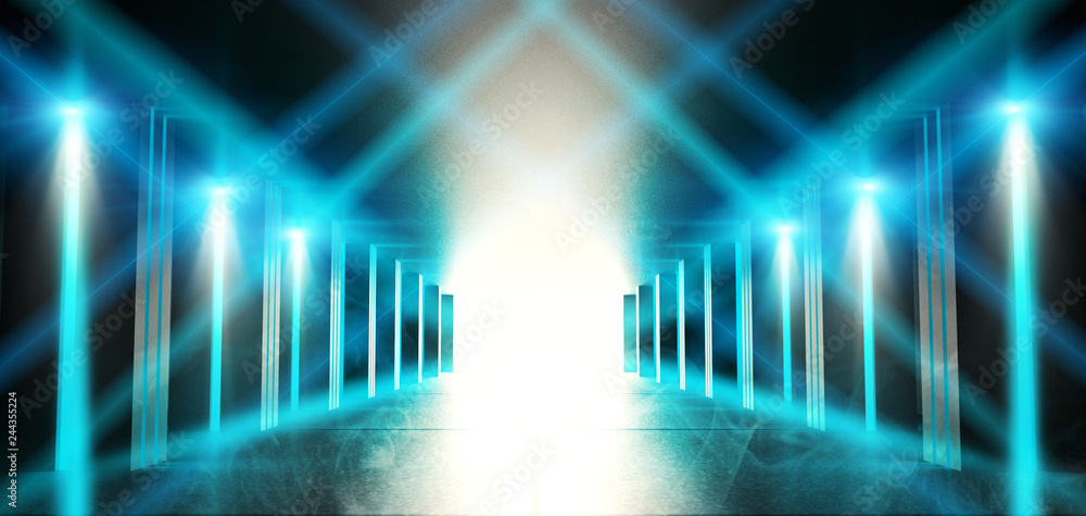 Against the background of an empty dark room, a corridor with neon blue luminous piles. Searchlight, blue laser beams, smoke. Against the background of an empty dark room, a corridor with neon blue luminous piles. Searchlight, blue laser beams, smoke.