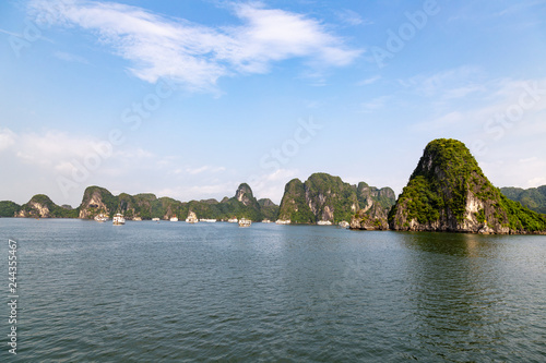 Karst formations in Halong Bay, Vietnam, in the gulf of Tonkin. Halong Bay is a UNESCO World Heritage Site and the most popular tourist spot in Vietnam