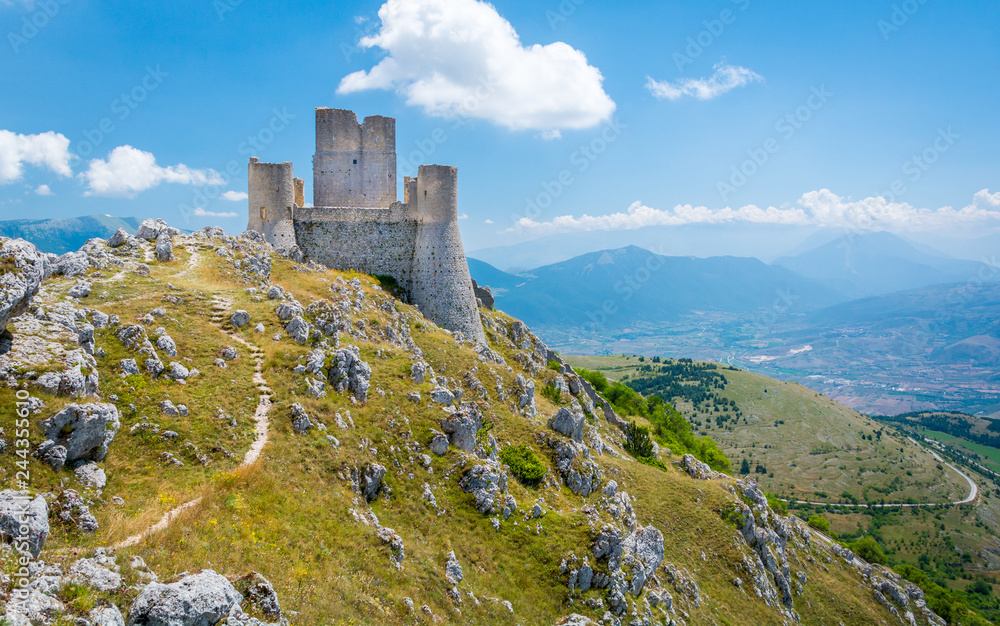 Rocca Calascio, mountaintop fortress or rocca in the Province of L'Aquila in Abruzzo, Italy.