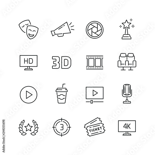 Cinema related icons: thin vector icon set, black and white kit
