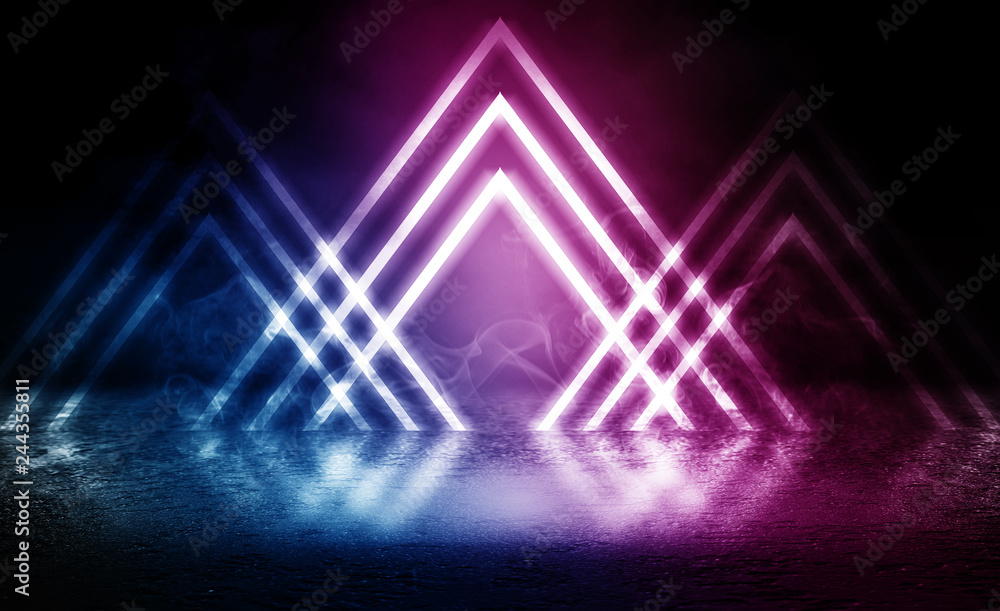 Pink-blue background of an empty foggy street with wet asphalt, illuminated by a searchlight, laser beams, smoke Pink-blue background of an empty foggy street with wet asphalt, illuminated by a searchlight, laser beams, smoke
