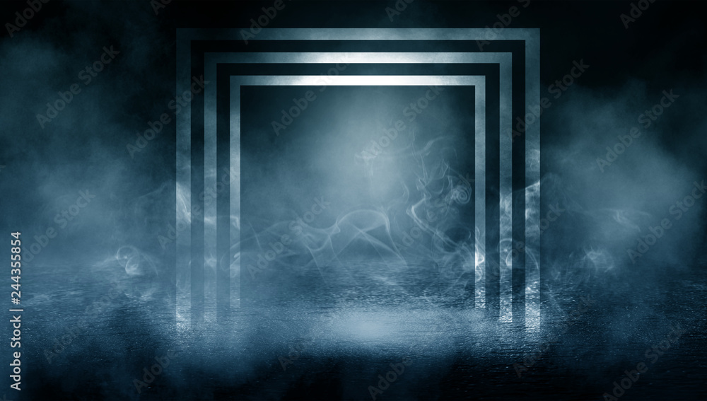 Black background of empty street, premises, blue searchlight illuminates asphalt, laser beams, smoke Black background of empty street, premises, blue searchlight illuminates asphalt, laser beams, smoke