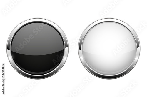 Black and white glass buttons. Shiny round 3d web icons