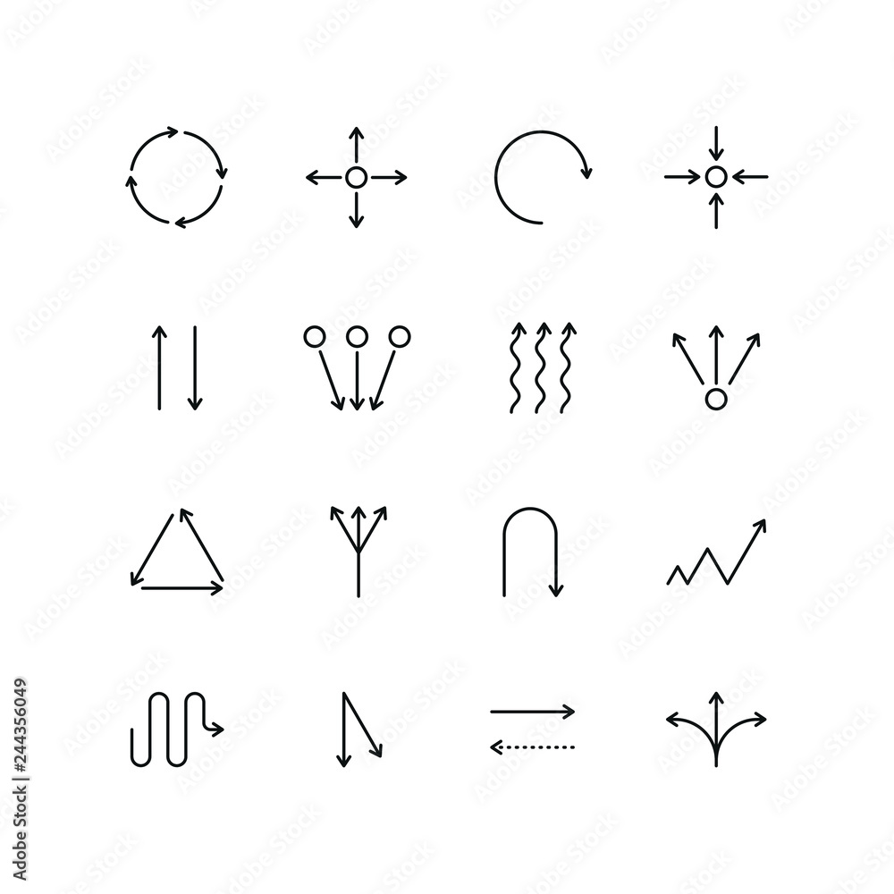 Arrows related icons: thin vector icon set, black and white kit Stock ...