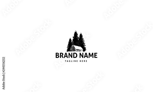 Abstract image of an old barn on the background of three pines.