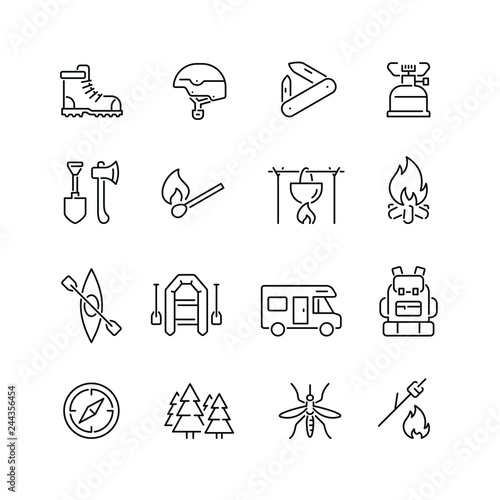 Outdoor and camping related icons: thin vector icon set, black and white kit