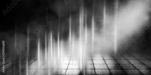 Dark background of empty street, room. Background of paving street tiles. Spotlight, laser beams, smoke, neon light