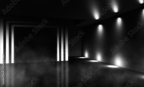 Black background of empty street  room  spotlight illuminates asphalt  laser beams  smoke
