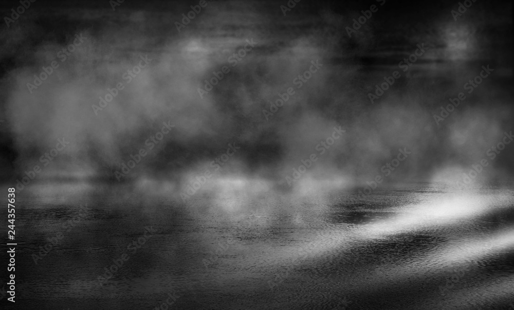 Black background of empty street, room, spotlight illuminates asphalt, smoke Black background of empty street, room, spotlight illuminates asphalt, smoke